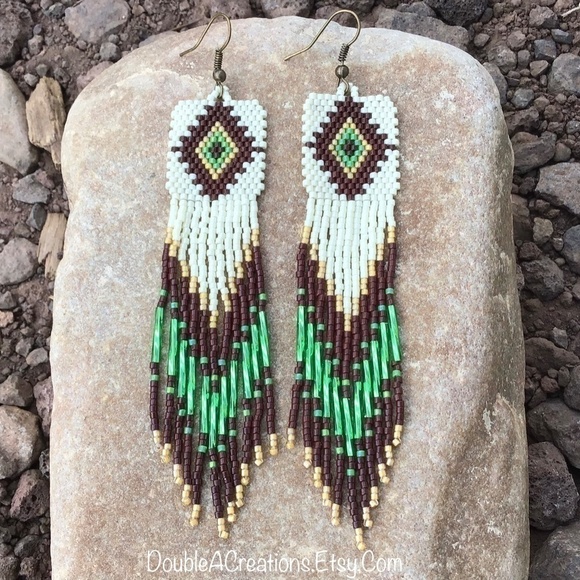 Native Diamond Beaded Earrings with Long Fringe, New, Handmade by Me - Picture 4 of 8